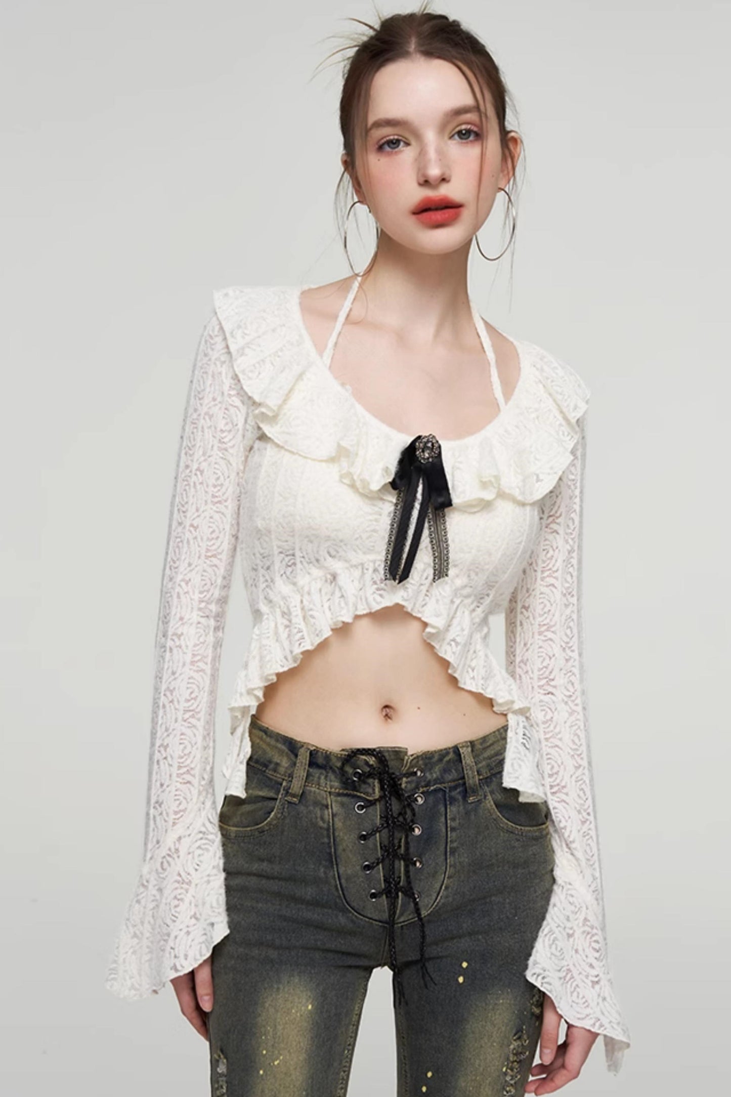 Ruffled Lace Bow Bell Sleeve Top