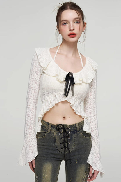 Ruffled Lace Bow Bell Sleeve Top