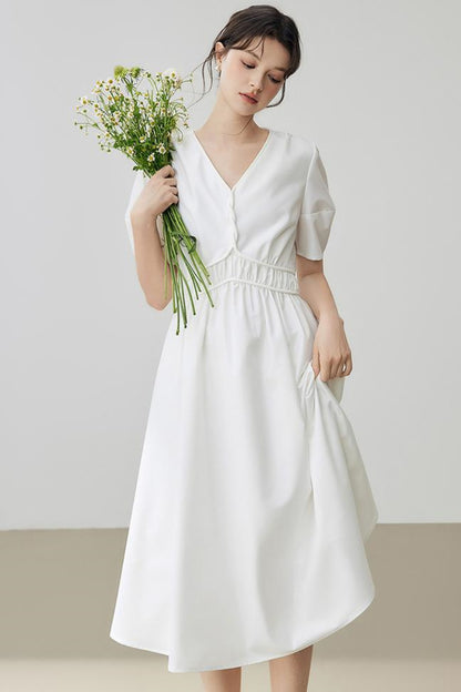 Minimalist Solid Puff Sleeve Dress