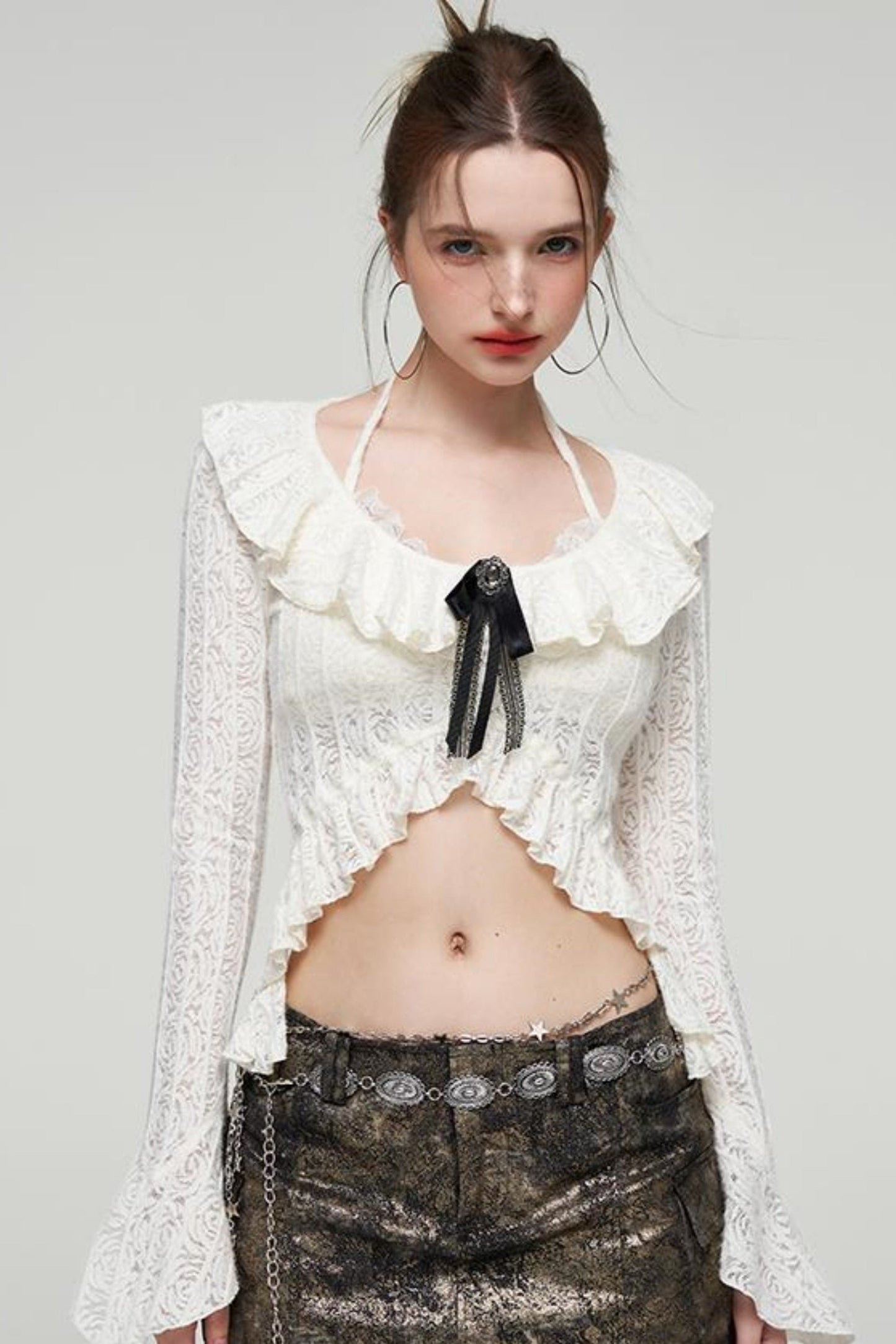 Ruffled Lace Bow Bell Sleeve Top