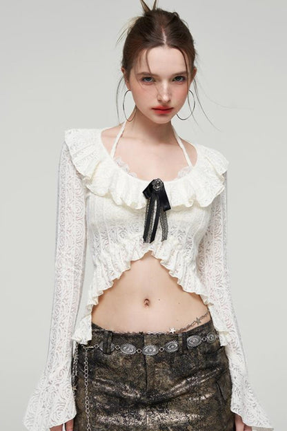 Ruffled Lace Bow Bell Sleeve Top