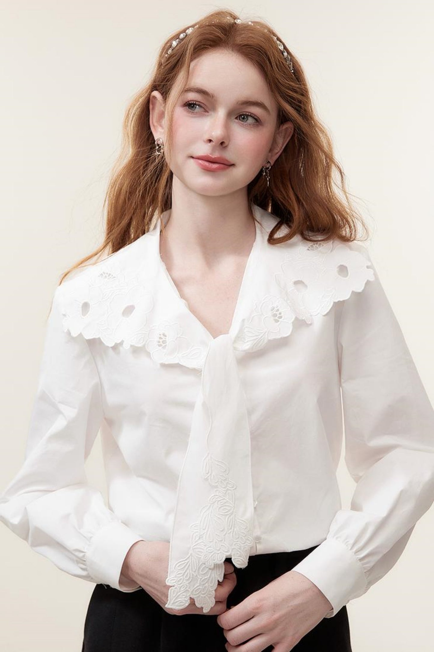 Hollow Embroidered White Blouse Top