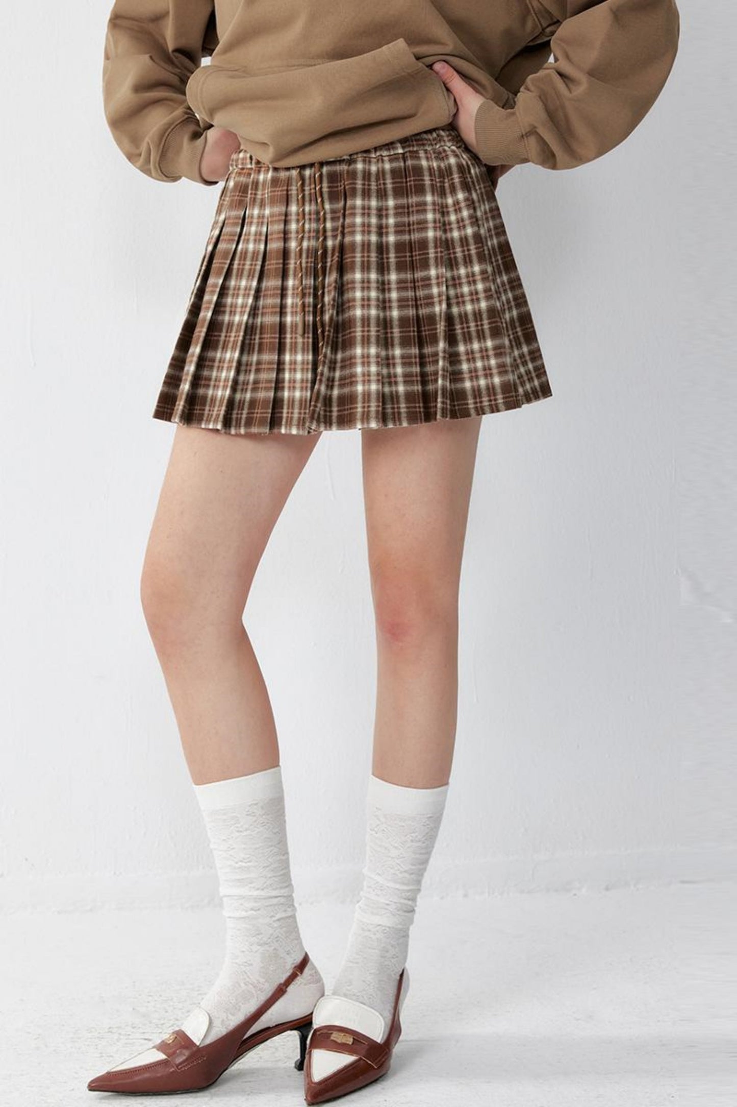 Brown Plaid Pleated A-Line Skirt