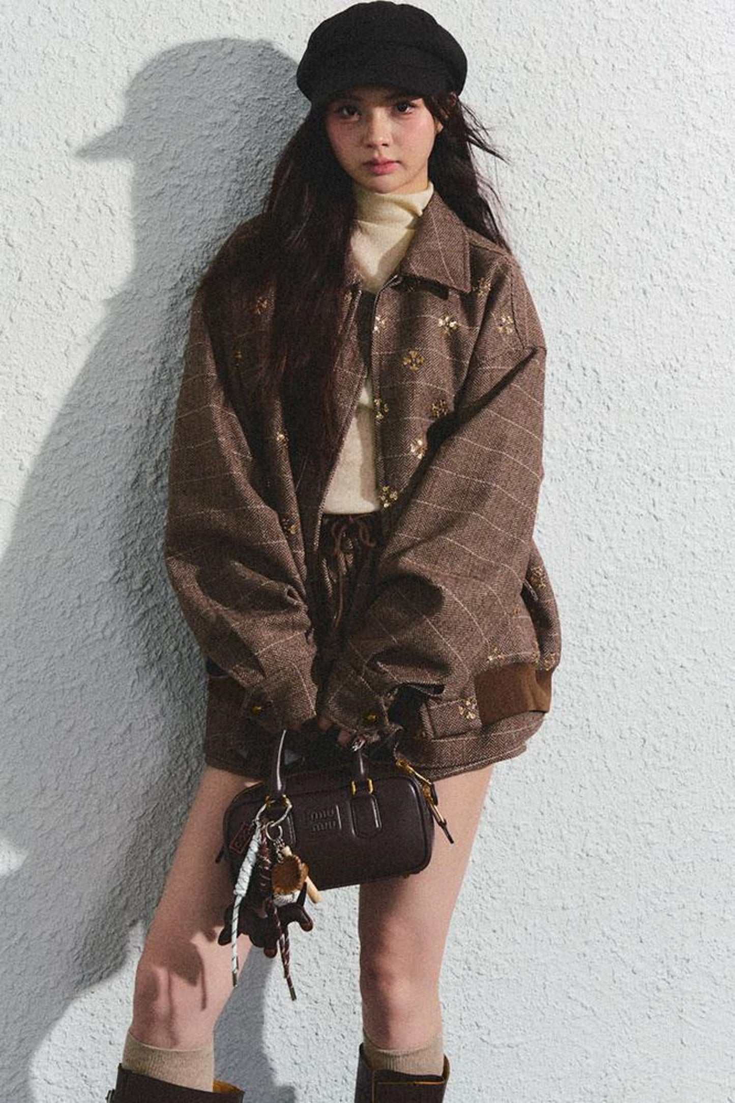 Khaki Beaded Lapel Jacket & Skirt Set-Up