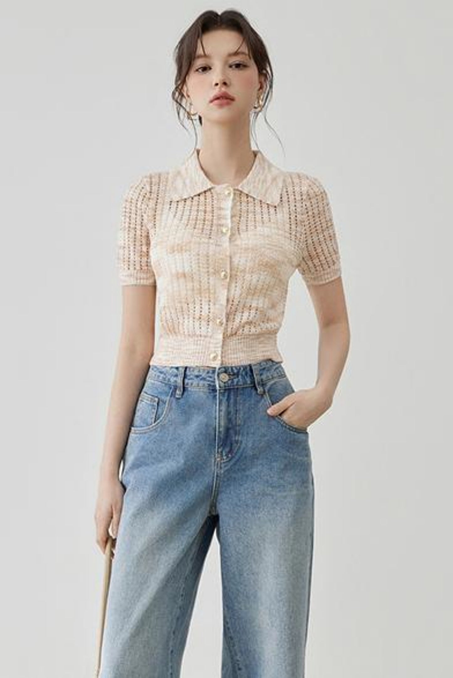 Elegant Polo Collar Short Sleeve Knit