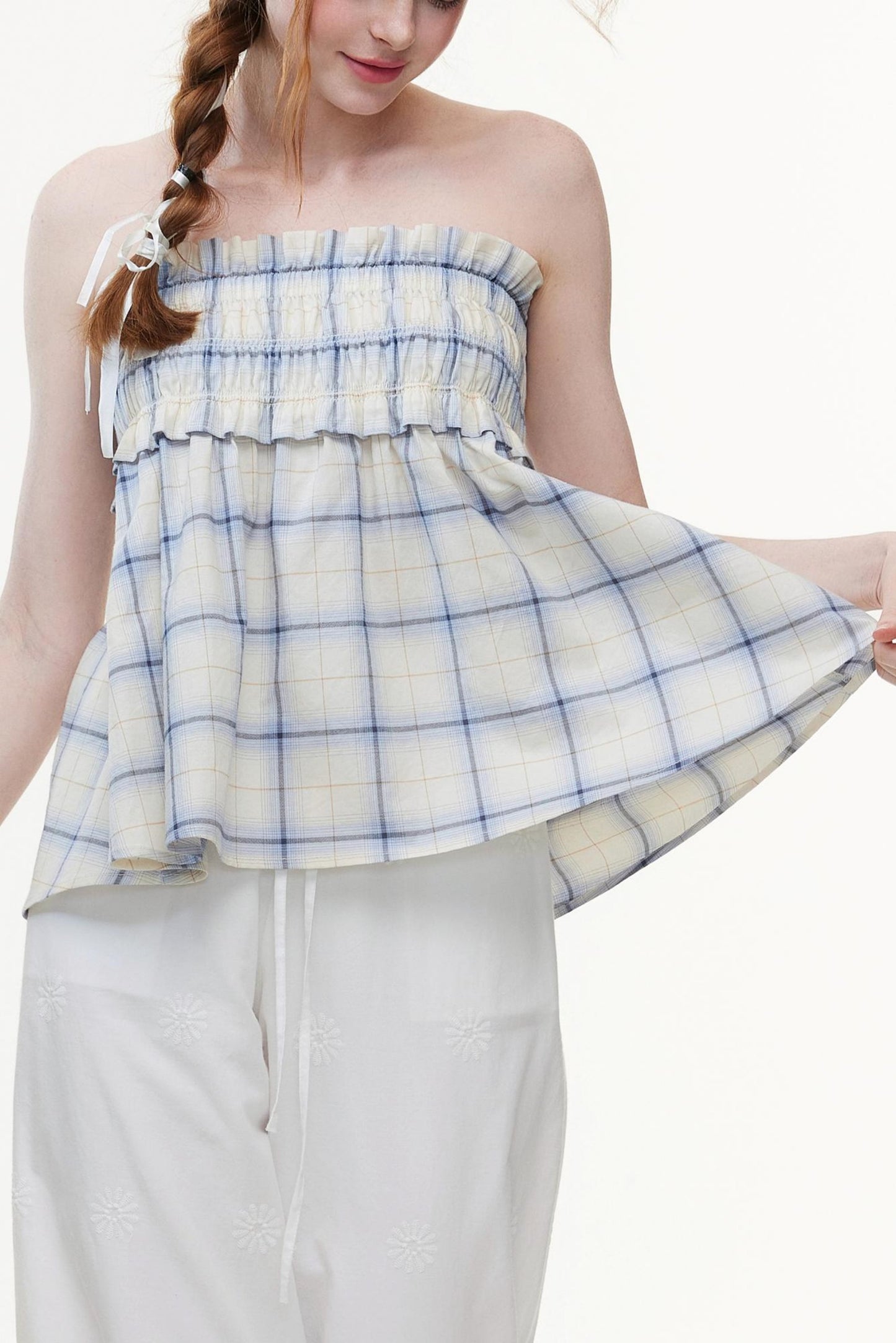 One-Shoulder Smocked Check Blouse