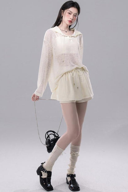 Sheer Lace Hoodie Knit Blouse Skirt Set