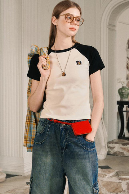 Color Block Shoulder Loose Fit T-Shirt