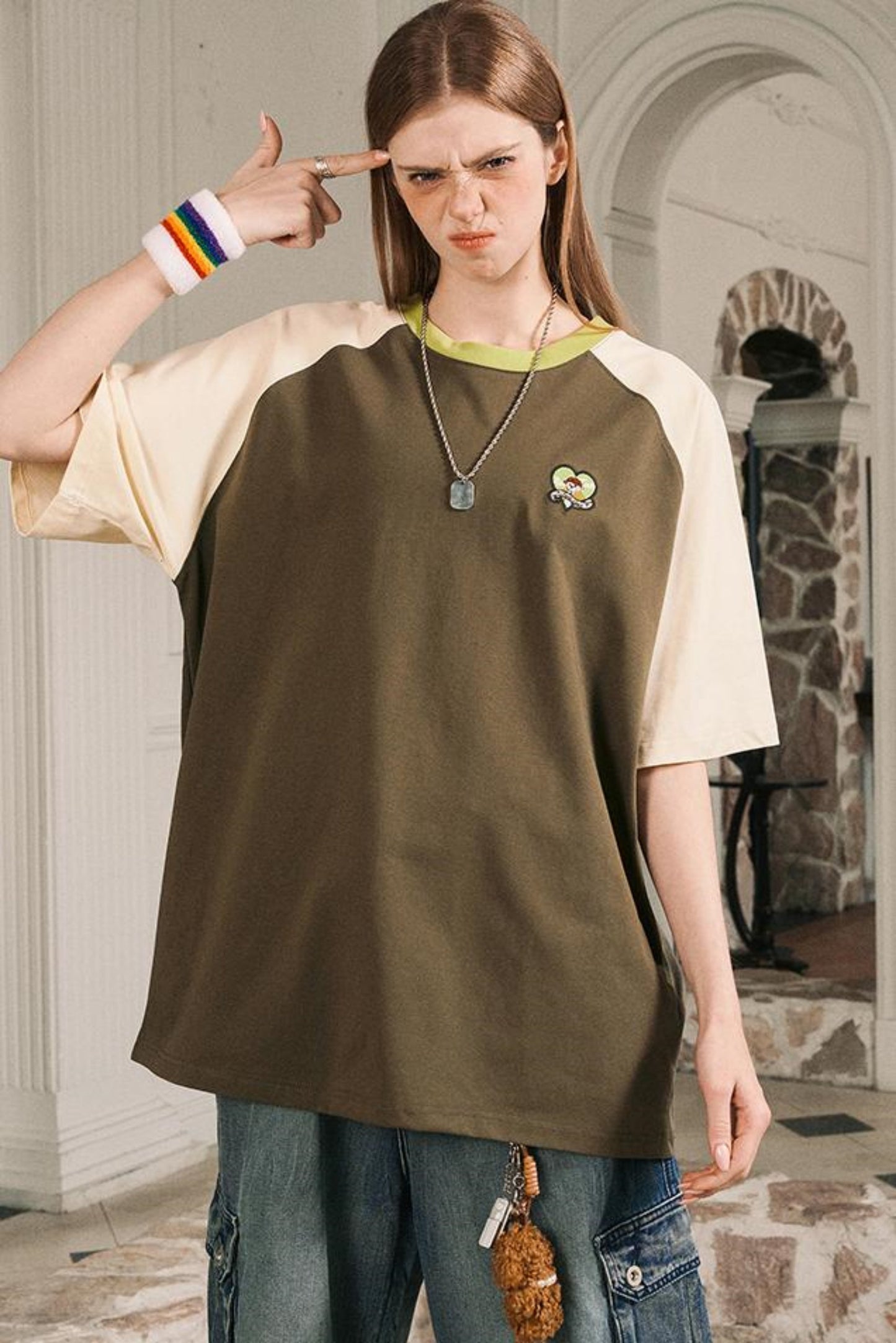 Color Block Shoulder Loose Fit T-Shirt