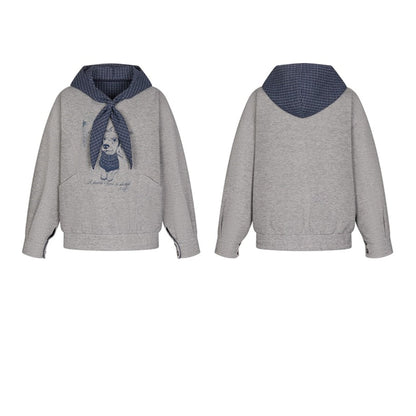 Vintage Dog Print Hooded Pullover Top