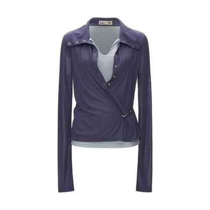 Layered-Look Button Polo Long Sleeve Top