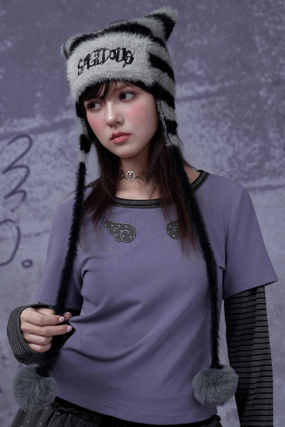 Striped Faux Mink Cat Ear Hat