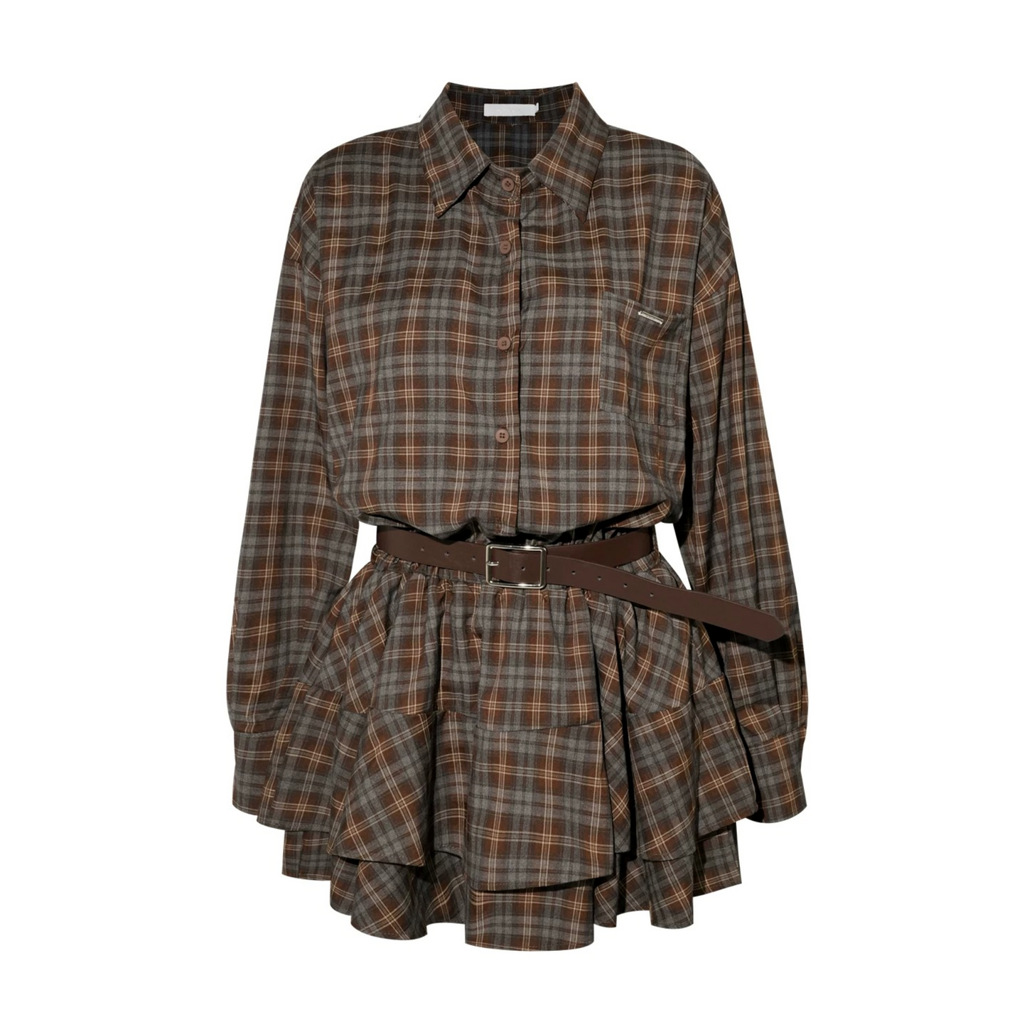 Shawl Paired Plaid Dress With Belt Set-Up