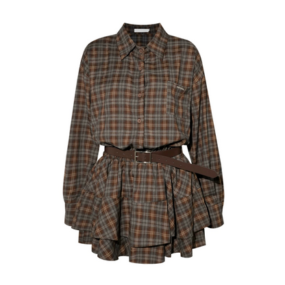 Shawl Paired Plaid Dress With Belt Set-Up