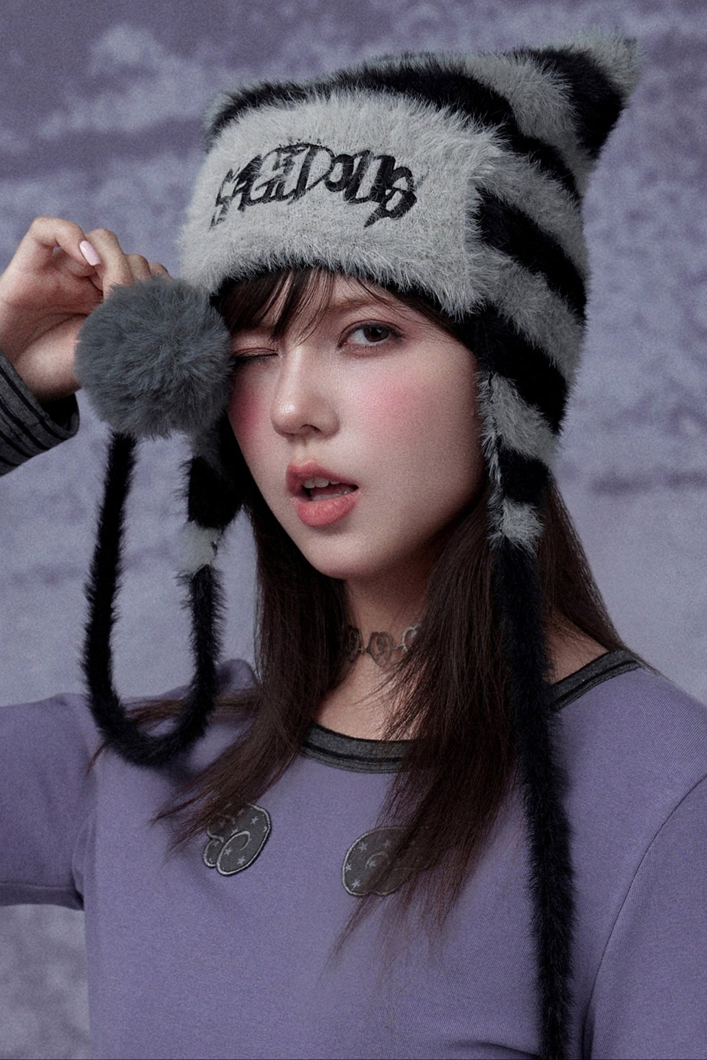 Striped Faux Mink Cat Ear Hat