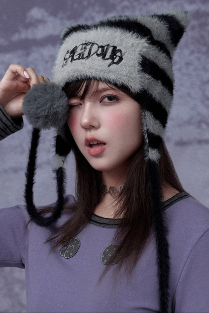 Striped Faux Mink Cat Ear Hat
