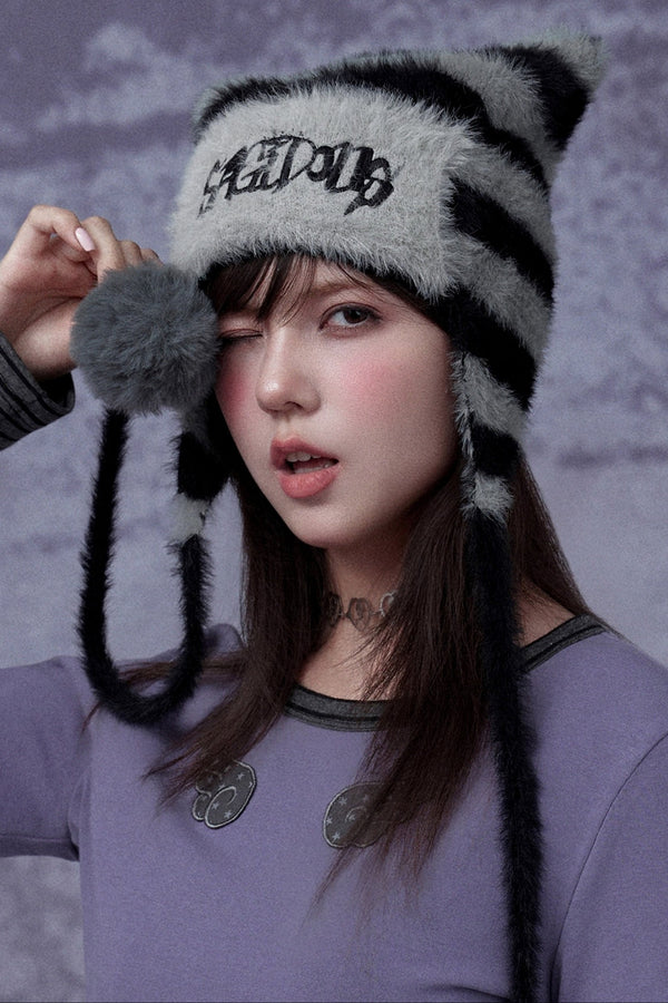 Striped Faux Mink Cat Ear Hat