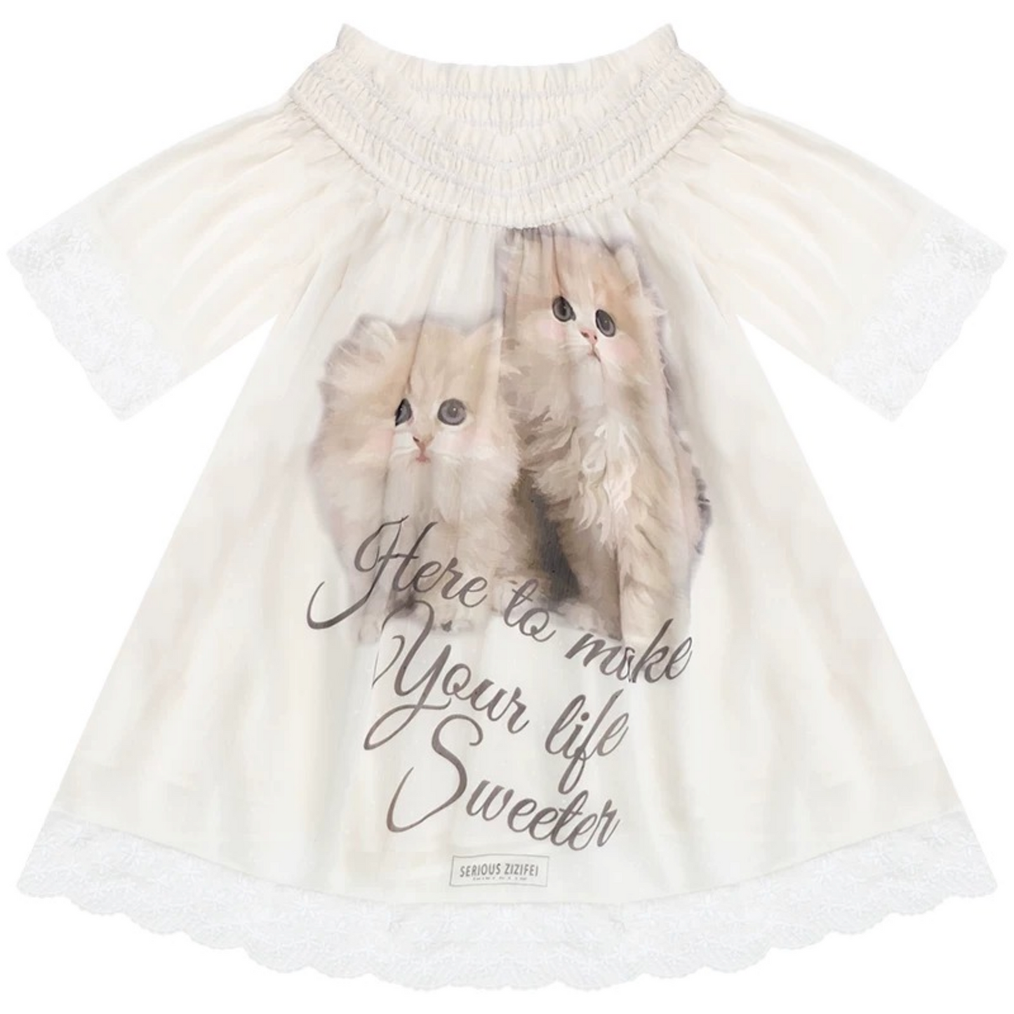 Cat Print Off-Shoulder Lace Trim Top