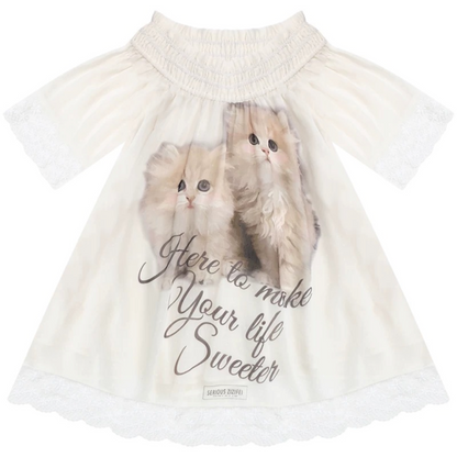 Cat Print Off-Shoulder Lace Trim Top