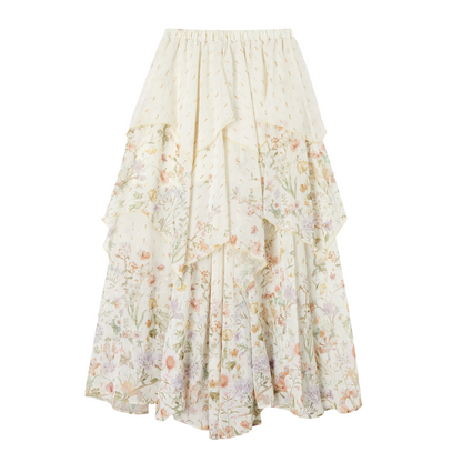 Floral Print Irregular Tiered Chiffon Skirt