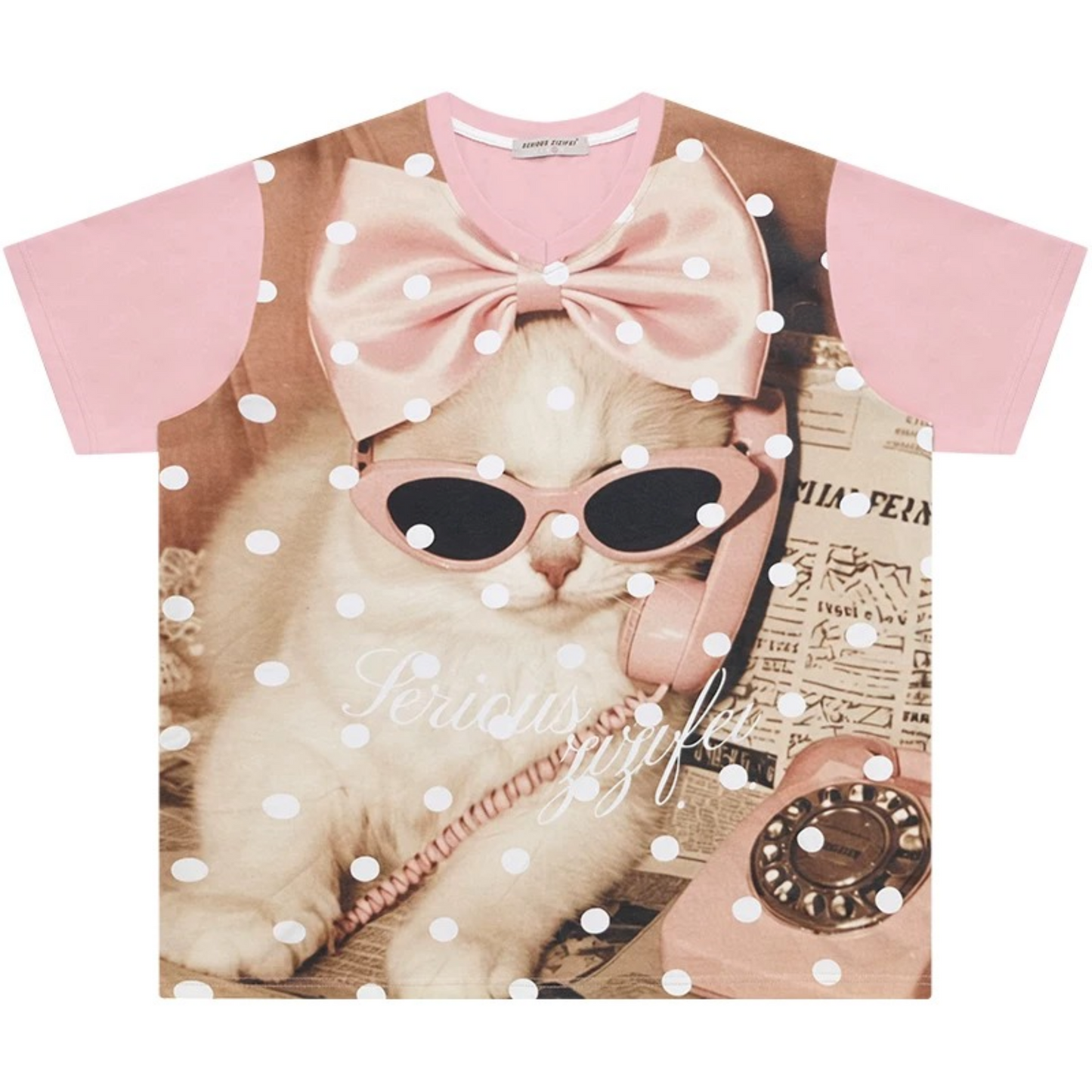 Rosa gepunktetes T-Shirt mit Katzenmotiv