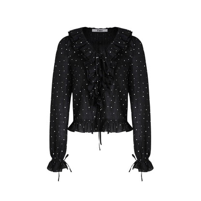Romantic Ruffled Polka Dot V-Neck Blouse