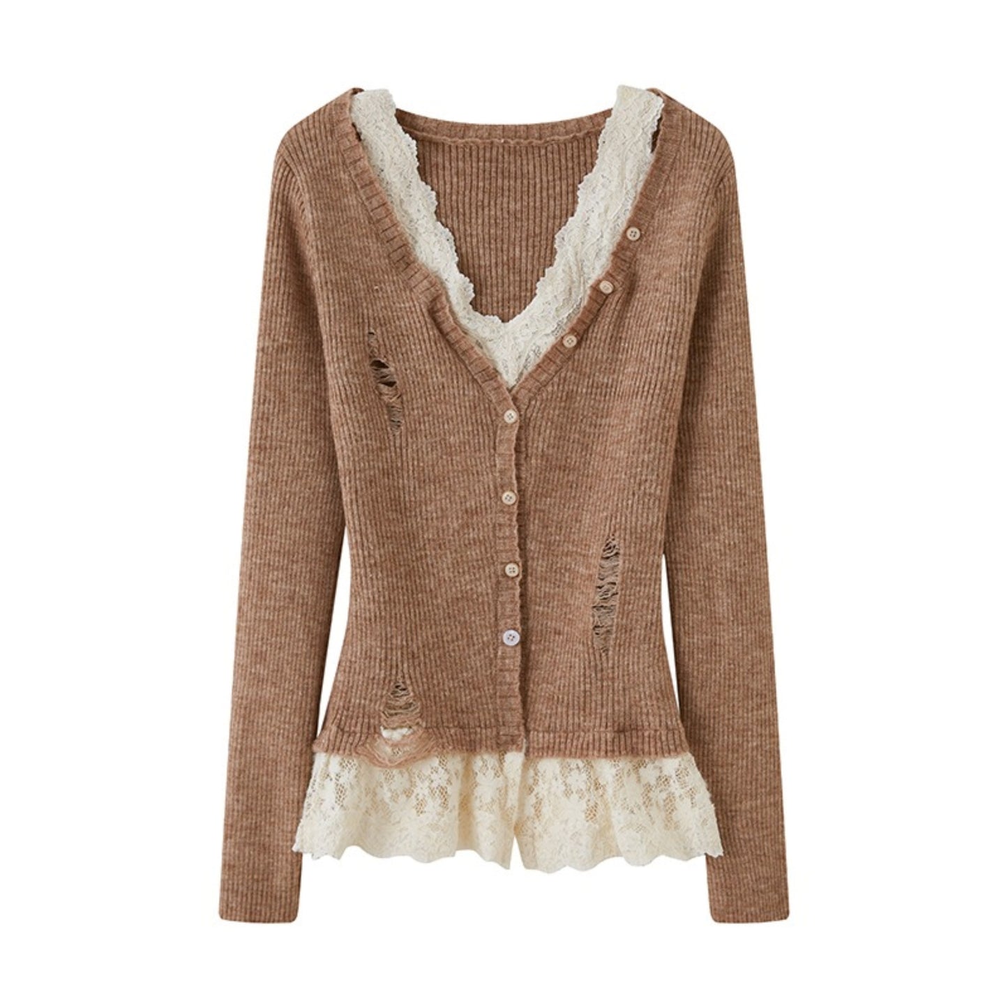 Lace Panel V-Neck Knitted Cardigan