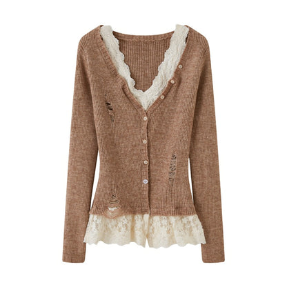 Lace Panel V-Neck Knitted Cardigan