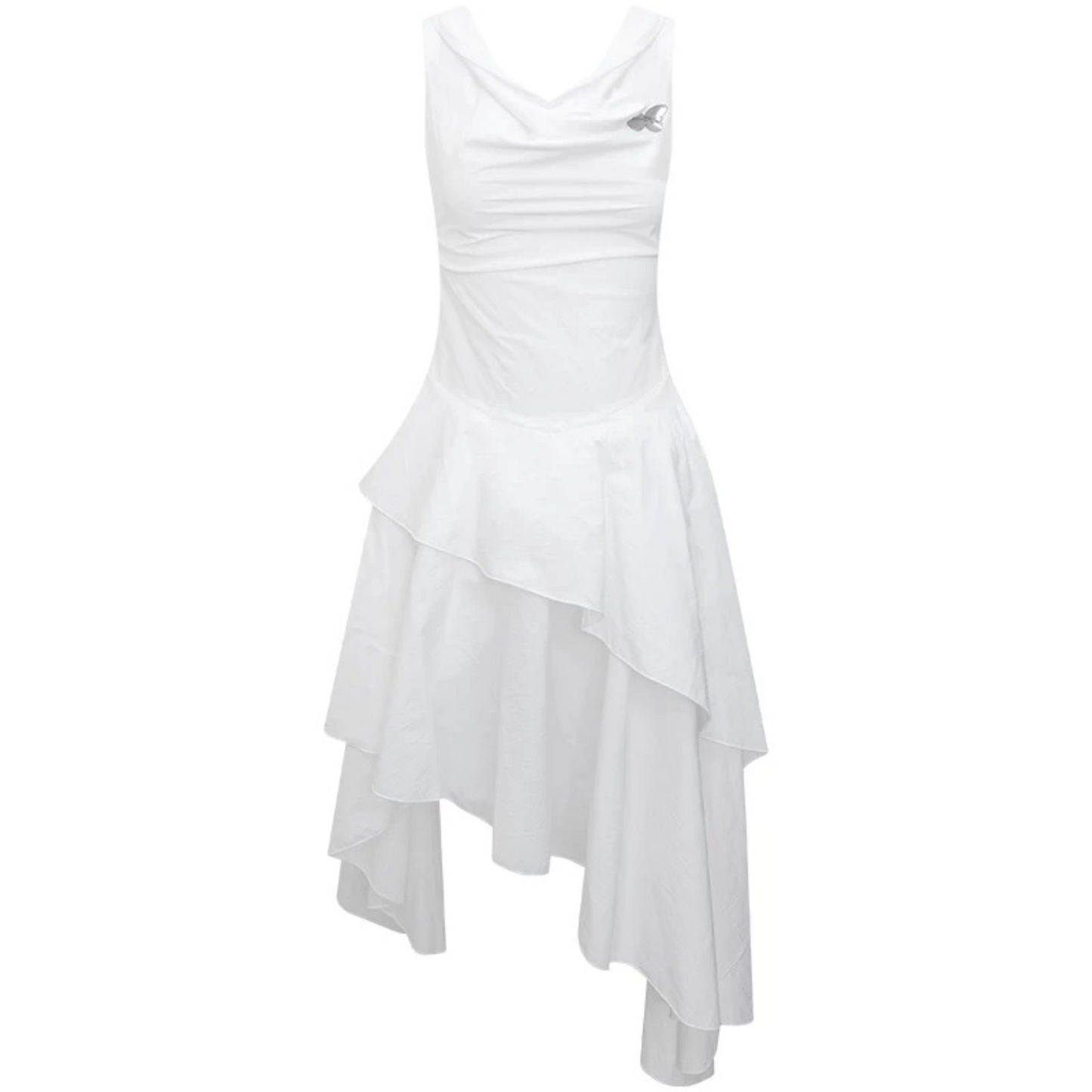 Weißes Kleid mit Wasserfallausschnitt und unregelmäßigem Saum