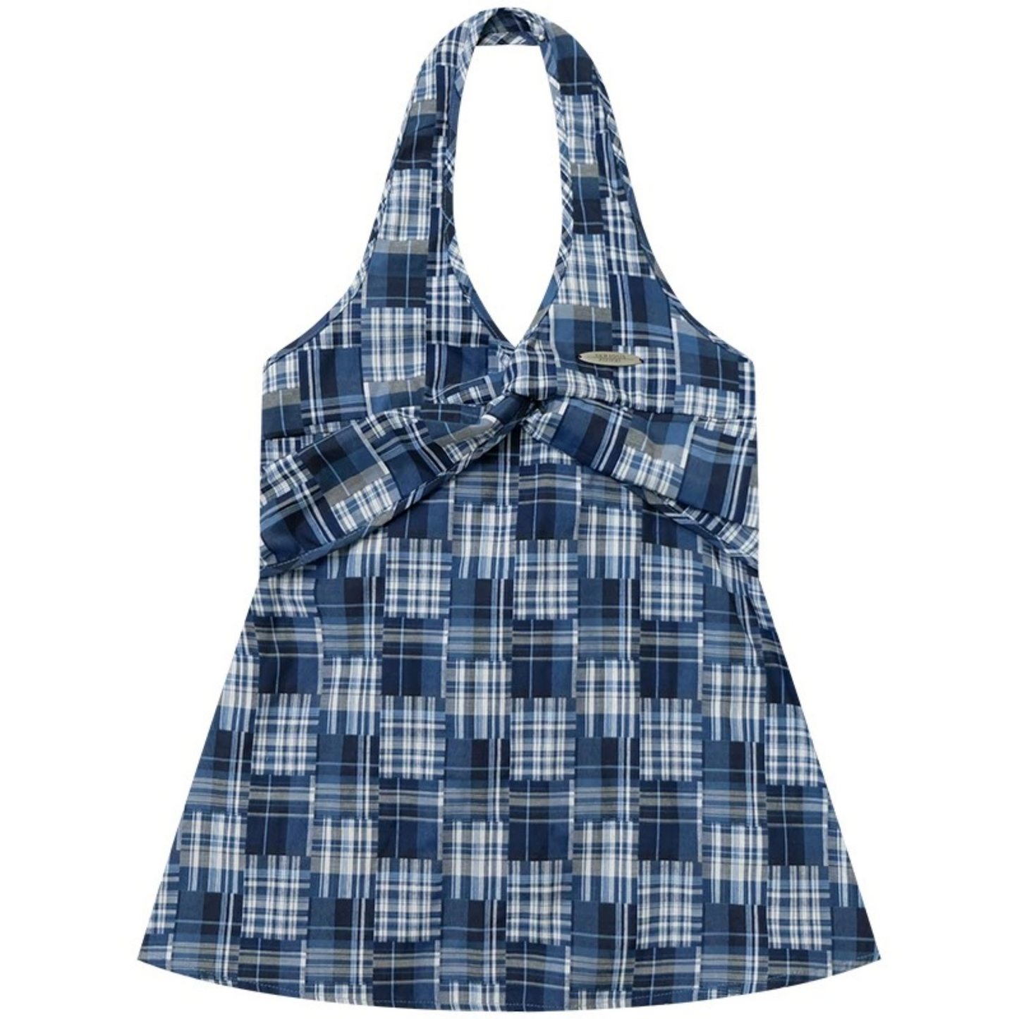 Blaues kariertes Neckholder-Oberteil mit Twist-Knoten