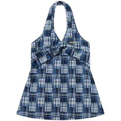 Blaues kariertes Neckholder-Oberteil mit Twist-Knoten