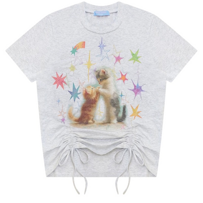 Cat Print Drawstring T-Shirt