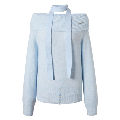 French Sweet One-Shoulder Halterneck Sweater