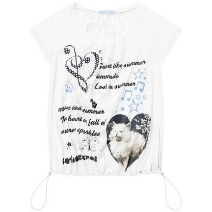 Camiseta de manga corta con cordón ajustable y estampado de gato blanco
