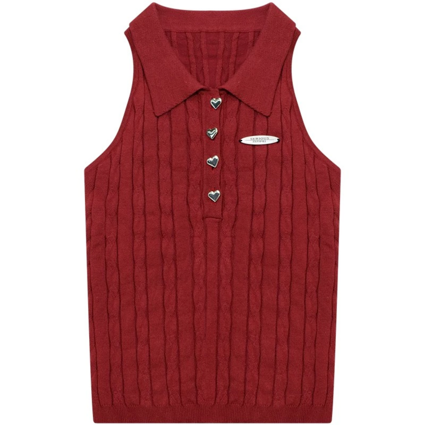 Red Knit Polo Collar Tank Top