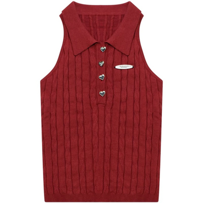 Red Knit Polo Collar Tank Top
