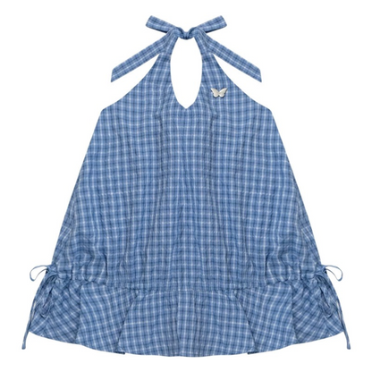Blue Plaid Halter Neck Tank Top
