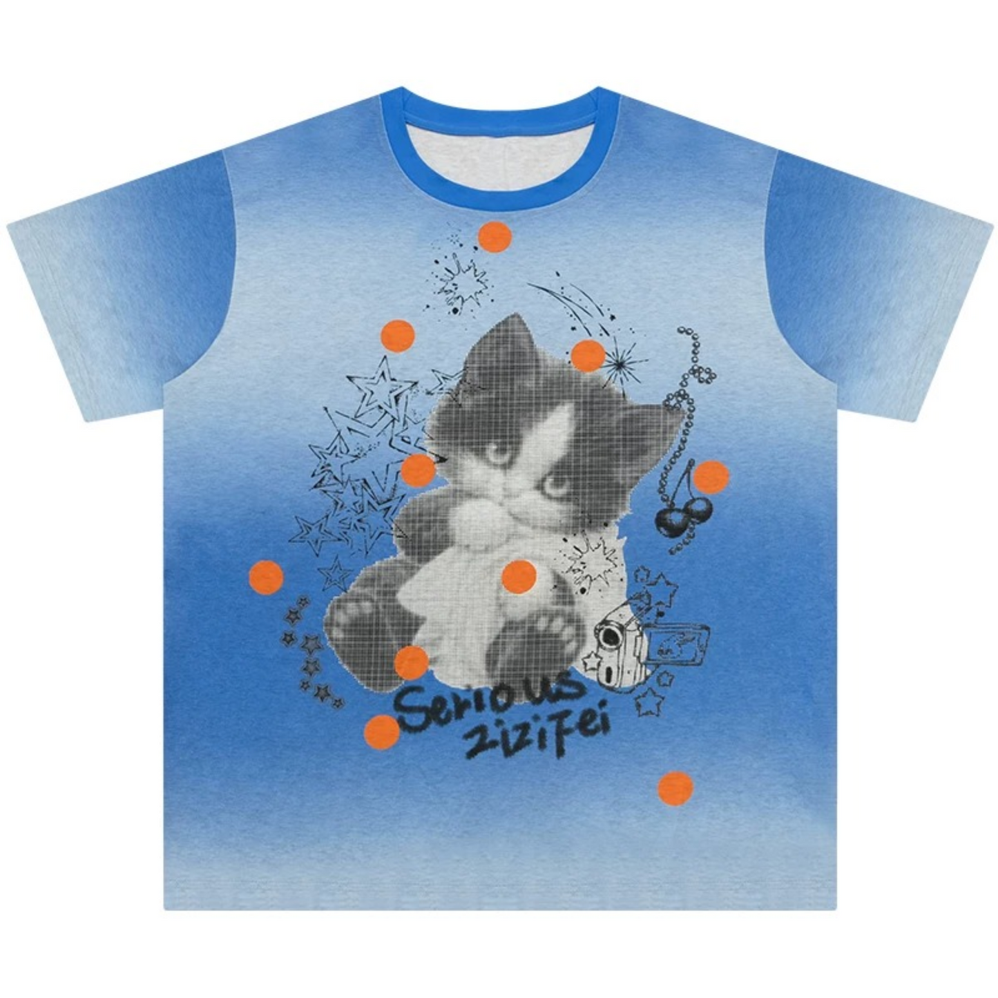 Blue Gradient Cat Print T-Shirt