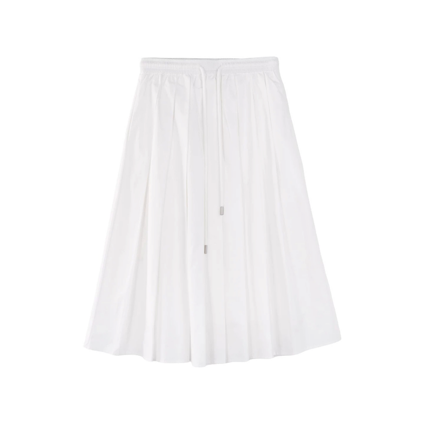 Cotton Elastic Waist Pleated Midi Skirt