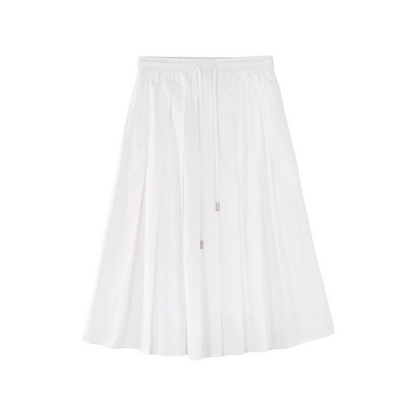 Cotton Elastic Waist Pleated Midi Skirt