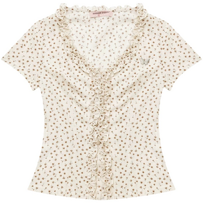 Apricot Polka Dot Lace V-Neck T-Shirt