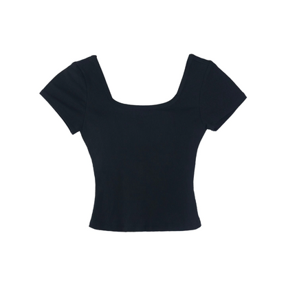 Maglia corta blu navy a coste con collo in maglia