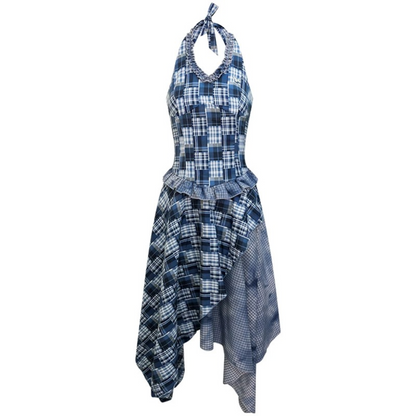 Blau kariertes asymmetrisches Neckholder-Kleid ohne Ärmel