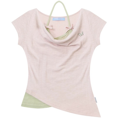 Flared Collar Pink Halter Neck Top