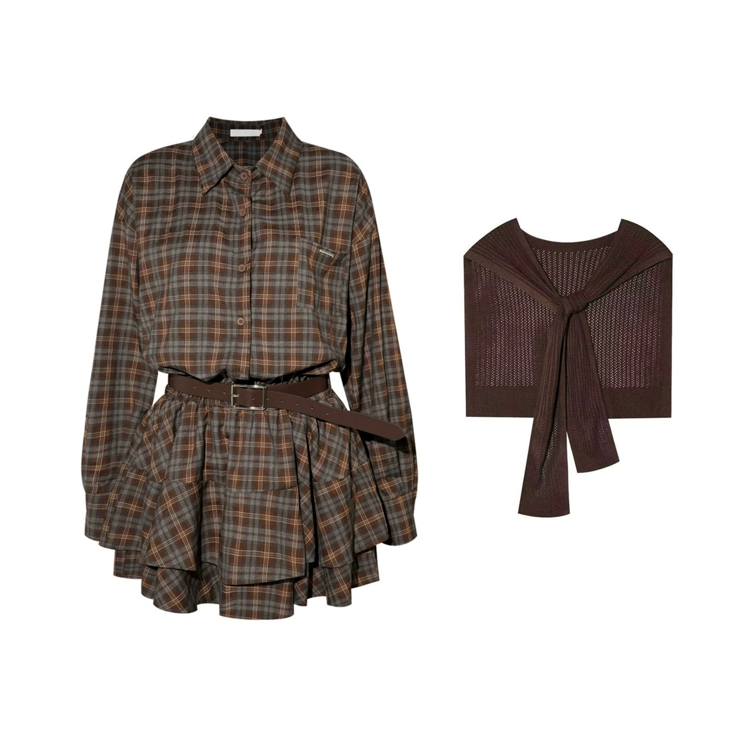 Shawl Paired Plaid Dress With Belt Set-Up