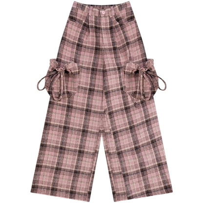 American Pink Plaid Wide-Leg Slacks