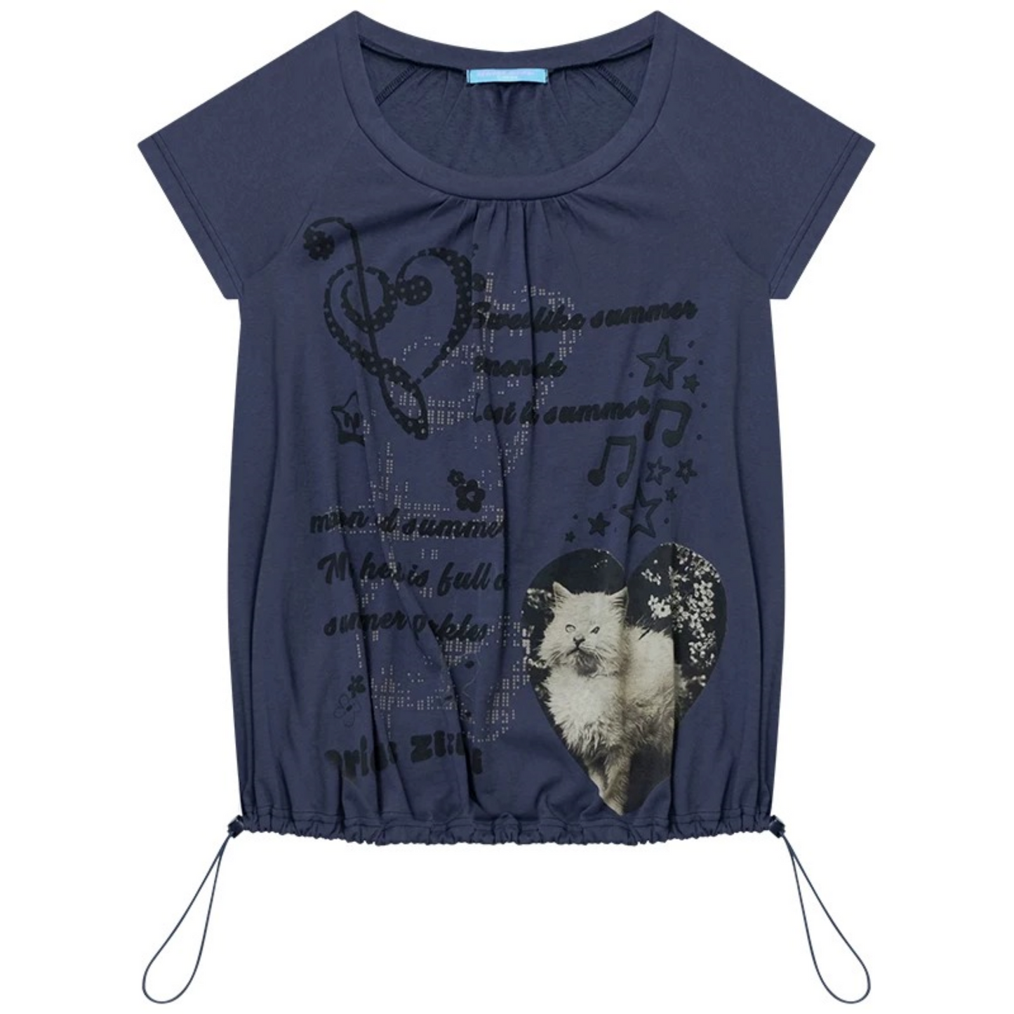 Kurzarm-T-Shirt mit Katzenprint und Kordelzug