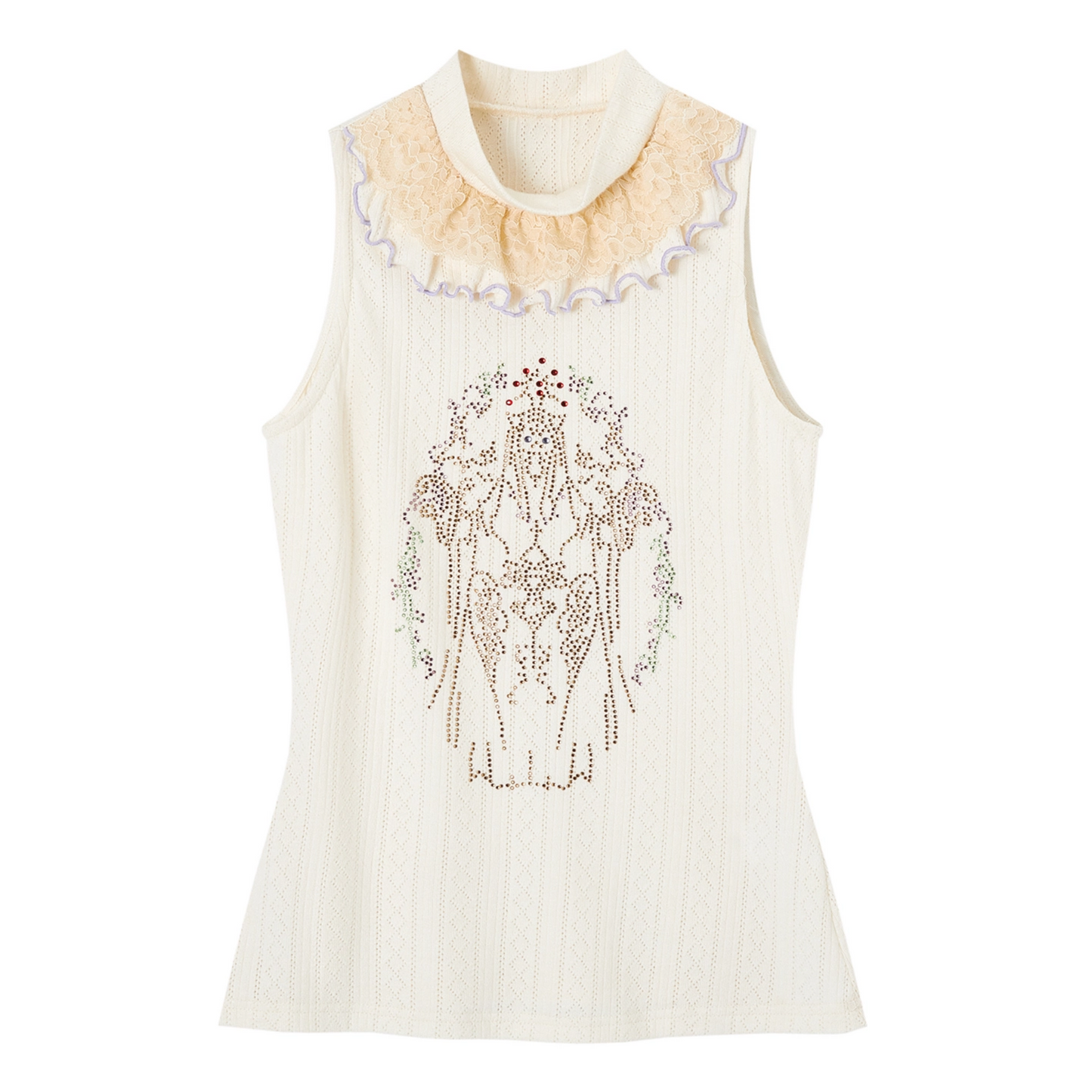 Ruffle Collar Rhinestone Embroidery Sleeveless Top