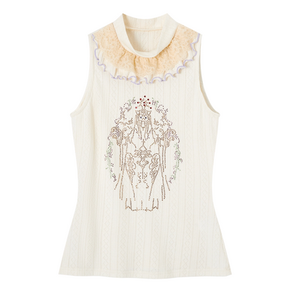 Ruffle Collar Rhinestone Embroidery Sleeveless Top