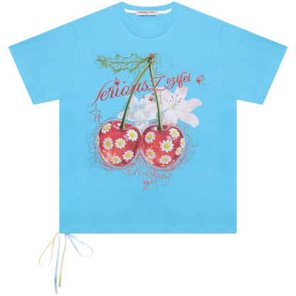 Blaues Baumwoll-T-Shirt mit Kirsch- und Gänseblümchenmuster